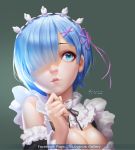  1girl absurdres bangs bare_shoulders black_ribbon blue_eyes blue_hair bow breasts cleavage collar dated detached_collar detached_sleeves elbow_sleeve eyelashes facebook_username flower frilled_collar frilled_sleeves frills hair_flower hair_ornament hair_over_one_eye hair_ribbon hand_up highres lips maid maid_headdress medium_breasts neck_ribbon nose nutthapon_petchthai parted_lips pink_lips pink_ribbon re:zero_kara_hajimeru_isekai_seikatsu rem_(re:zero) ribbon short_hair signature solo upper_body white_flower x_hair_ornament 