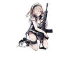 1girl apron assault_rifle blonde_hair blue_eyes blush braid breasts cleavage full_body g36 g36_(girls_frontline) girls_frontline gloves gun kneeling long_hair looking_away magazine_(weapon) maid maid_apron maid_headdress official_art personification rifle shirt shuzi skirt solo thigh_strap torn_clothes torn_shirt torn_skirt transparent_background very_long_hair weapon wince 