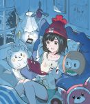  1girl andrian_gilang beanie bed bewear black_eyes black_hair book ditto female_protagonist_(pokemon_sm) green_shorts handheld_game_console hat lamp lillie_(pokemon) night nintendo_3ds open_mouth pillow pokemon pokemon_(creature) pokemon_(game) pokemon_sm porygon-z red_hat rowlet short_hair short_sleeves shorts stufful stylus togedemaru window 