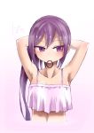  1girl adjusting_hair akebono_(kantai_collection) armpits arms_behind_head bare_arms bare_shoulders collarbone crop_top hair_between_eyes highres kantai_collection kohri_crab looking_to_the_side mouth_hold purple_hair sidelocks underwear upper_body violet_eyes 