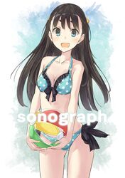  1girl :d aqua_bikini ball bangs beachball bikini black_hair blue_eyes blush circle_name cowboy_shot front-tie_bikini front-tie_top gluteal_fold hiwatari_rin long_hair looking_at_viewer open_mouth original polka_dot polka_dot_bikini side-tie_bikini smile solo swimsuit thick_eyebrows watermark 