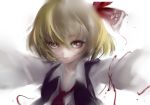  1girl blonde_hair hair_ornament hair_ribbon hi-yo long_sleeves looking_at_viewer necktie outstretched_arms red_eyes ribbon rumia short_hair solo spread_arms touhou vest 