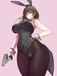  1girl animal_ears breasts brown_eyes brown_hair bunnysuit coattails daglasses gun handgun highres johanna_wiese large_breasts long_hair looking_at_viewer matching_hair/eyes pantyhose pistol rabbit_ears smile solo walther weapon world_witches_series 