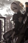  1girl back black_gloves black_legwear blindfold boots gloves hairband highres holding holding_sword holding_weapon katana mole mole_under_mouth nier_(series) nier_automata saitou_(lynx-shrike) short_hair solo sword thigh-highs thigh_boots weapon white_hair yorha_no._2_type_b yorha_unit_no._2_type_b 