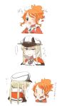  ... 0_0 :d aquila_(kantai_collection) black_eyes blonde_hair blue_eyes blush commentary_request from_behind graf_zeppelin_(kantai_collection) hair_ornament hairclip hat kantai_collection one_eye_closed open_mouth orange_hair peaked_cap ponytail rebecca_(keinelove) sidelocks smile spoken_ellipsis translation_request triangle_mouth twintails 