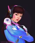  1girl 2017 animal_print artist_name asian bangs bodysuit bracer breasts brown_eyes brown_hair bunny_print crossed_arms d.va_(overwatch) dated facepaint facial_mark gloves headphones high_collar highres lips lipstick long_hair looking_at_viewer makeup matching_hair/eyes nose overwatch pilot_suit purple_background realistic red_lipstick ribbed_bodysuit ruthie_hammerschlag shoulder_pads signature simple_background skin_tight small_breasts solo swept_bangs upper_body whisker_markings white_gloves 