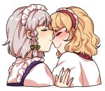  2girls ^_^ alice_margatroid blonde_hair blush capelet closed_eyes hairband izayoi_sakuya kiss lolita_hairband maid_headdress multiple_girls nekolina nose_kiss short_hair silver_hair straight_hair touhou wavy_hair yuri 