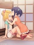  2girls :o bangs_pinned_back barefoot bed bedroom bedside blonde_hair blue_hair blush bow closed_eyes dress flip_flappers forehead_kiss from_side hair_bobbles hair_bow hair_ornament hair_ribbon indoors kiss kneeling kokomine_cocona multiple_girls niina_ryou no_shoes on_floor open_mouth orange_dress overalls profile ribbon room shirt short_hair short_twintails sidelocks sitting sleeveless sleeveless_dress socks t-shirt toe_scrunch twintails twitter_username violet_eyes yayaka younger yuri 