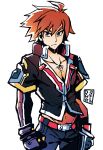  1boy absurdres ahoge blazblue blazblue:_bloodedge_experience blazblue:_central_fiction brown_eyes brown_hair gloves highres ladykuki male_focus markings naoto_kurogane steel 