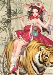 1girl animal artist_name bare_shoulders braid breasts brown_eyes brown_hair cleavage copyright dress floral_print french_braid hat high_heels holding kiseru long_hair looking_at_viewer million_arthur_(series) mole mole_under_eye nayoung_wooh official_art pipe strapless strapless_dress tiger 