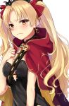 1girl animal_print bangs between_breasts blonde_hair blush breasts butterfly_print cape closed_mouth earrings ereshkigal_(fate/grand_order) fate/grand_order fate_(series) frown furrowed_eyebrows hair_ribbon hand_on_breast highres jewelry kayano_(hizukis_) long_hair looking_at_viewer medium_breasts pink_lips red_cape red_eyes red_ribbon ribbon shiny shiny_hair simple_background skull solo spine tiara tohsaka_rin two_side_up upper_body white_background 