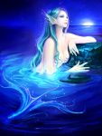  1girl blue_eyes blue_hair breasts head_fins highres long_hair medium_breasts mermaid monster_girl scales solo uncraft_world water webbed_hands 