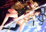 2girls arm armlet asymmetrical_legwear back-to-back bare_arms bare_legs bare_shoulders barefoot between_breasts black_dress black_hair black_legwear black_ribbon blonde_hair breasts cape cleavage clouds collarbone crown darkness dual_persona dutch_angle earrings ereshkigal_(fate/grand_order) fate/grand_order fate_(series) feet female floating_hair gem hair_ribbon highres hoop_earrings ishtar_(fate/grand_order) jewelry large_breasts legs light_and_darkness long_hair looking_at_viewer medium_breasts multiple_girls naughty_face navel navel_cutout neck neck_ring open_mouth orange_eyes outstretched_arm outstretched_arms pelvic_curtain red_cape red_eyes red_ribbon revealing_clothes ribbon round_teeth serious short_dress side-by-side single_thighhigh skull sky smile strapless strapless_dress symmetry teeth thigh-highs thighlet toeless_legwear toeless_socks tohsaka_rin toosaka_rin twintails two_side_up type-moon very_long_hair wavy_hair yuu+1 