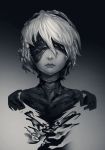  1girl absurdres anonamos bangs black_background blindfold closed_mouth covered_eyes cropped_torso dissolving gradient gradient_background greyscale hair_between_eyes hairband highres lips monochrome nier_(series) nier_automata short_hair sketch smoke solo white_hair yorha_no._2_type_b yorha_unit_no._2_type_b 