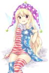  1girl american_flag_dress american_flag_legwear bangs blonde_hair blush breasts cheunes clownpiece dress fairy_wings hat highres jester_cap long_hair looking_at_viewer medium_breasts neck_ruff pantyhose pink_eyes polka_dot short_dress short_sleeves sitting solo star star_print striped sweatdrop touhou very_long_hair wavy_mouth wings 