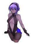  1girl assassin_(fate/prototype_fragments) bandaged_leg bare_shoulders black_gloves black_legwear black_skin breasts center_opening cropped_legs fate/grand_order fate/prototype fate/prototype:_fragments_of_blue_and_silver fate_(series) flower gloves hair_between_eyes hairband large_breasts leotard navel netlk pantyhose purple_hair short_hair simple_background smile solo turtleneck violet_eyes white_background 