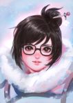  1girl black-framed_eyewear blue_background brown_eyes brown_hair fur_trim glasses hair_bun hair_ornament hair_stick highres lips looking_at_viewer mei_(overwatch) nose overwatch parted_lips pink_lips portrait realistic short_hair simple_background snowing solo yy6242 