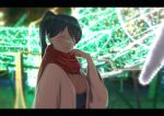  1girl backlighting black_hair blurry closed_eyes depth_of_field high_ponytail highres houshou_(kantai_collection) japanese_clothes kantai_collection kimono letterboxed open_mouth orange_(sal1014) red_scarf robe scarf smile solo upper_body 