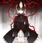  1girl blonde_hair blood blood_on_face corset creepy disembodied_limb expressionless fate/stay_night fate_(series) gothic_lolita hands_on_another&#039;s_face highres kakobulb lolita_fashion looking_at_viewer plant saber saber_alter short_hair solo thorns vines yellow_eyes 