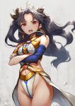  1girl :o angry arm armlet asymmetrical_gloves bare_arms bare_legs bare_shoulders black_hair black_ribbon blue_gloves breasts bridal_gauntlets cleavage crossed_arms crown earrings elbow_gloves fate/grand_order fate_(series) female floating_hair gem gloves hair_ribbon highleg_panties highres hoop_earrings ishtar_(fate/grand_order) jewelry legs long_hair looking_at_viewer medium_breasts mound_of_venus navel navel_cutout neck neck_ring neo-masterpeacer open_mouth pelvic_curtain red_eyes revealing_clothes ribbon round_teeth serious shiny shiny_hair single_elbow_glove single_glove solo standing strapless teeth tohsaka_rin two_side_up type-moon 