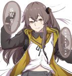  1girl bed black_gloves bow brown_hair buttons eyebrows eyebrows_visible_through_hair fingerless_gloves girls_frontline gloves hair_bow hood hooded_jacket jacket long_hair looking_at_viewer nose parted_lips ribbon scar scar_across_eye side_ponytail skirt solo translation_request ump45_(girls_frontline) unbuttoned upper_body very_long_hair xiu_jiayihuizi yellow_eyes 