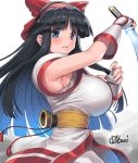  1girl ainu_clothes artist_name black_hair blue_eyes blush bow breasts fingerless_gloves gloves hair_bow hairband huge_breasts long_hair looking_at_viewer looking_to_the_side nakoruru obui red_bow samurai_spirits solo weapon 