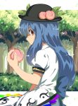  1girl blue_hair bush dress dress_shirt food food_on_head from_side fruit fruit_on_head hat hinanawi_tenshi layered_dress long_hair looking_at_viewer monosenbei object_on_head outdoors peach profile puffy_short_sleeves puffy_sleeves red_eyes sash shirt short_sleeves solo touhou tree very_long_hair 