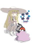  1girl bag blonde_hair braid cosmog ditto dress duffel_bag gonzarez hat lillie_(pokemon) long_hair open_mouth pokemon pokemon_(creature) pokemon_(game) pokemon_sm simple_background sleeveless sleeveless_dress squatting sun_hat twin_braids white_background white_dress white_hat 