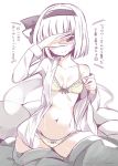  1girl bangs black_ribbon blush bra breasts cleavage covering_eyes green_skirt greyscale groin hair_ribbon hairband konpaku_youmu konpaku_youmu_(ghost) long_sleeves looking_at_viewer maturiuta_sorato monochrome navel open_clothes open_shirt panties ribbon shirt short_hair skirt small_breasts smile solo stomach sweat touhou translated underwear undressing white_bra white_hair white_panties white_shirt 