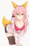  1girl all_fours animal_ears black_legwear breasts cleavage collarbone fang fang_out fate/extella fate/extra fate_(series) fox_ears fox_tail hair_between_eyes heart highres long_hair looking_at_viewer medium_breasts pink_background pink_hair silver_(chenwen) simple_background smile solo tail tamamo_(fate)_(all) tamamo_no_mae_(fate) thigh-highs yellow_eyes 