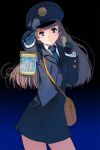  1girl bag blue_eyes gloves gradient gradient_background hat highres lantern long_hair masao necktie outstretched_arm pantyhose solo ticket uniform 