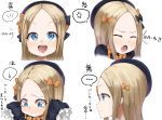  abigail_williams_(fate/grand_order) angry bangs black_bow black_headwear blonde_hair blush bow commentary_request crying face fate/grand_order fate_(series) from_side happy multiple_views orange_bow parted_bangs parusu_(ehyfhugj) polka_dot polka_dot_bow simple_background smile translated white_background 