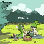  1boy 1girl beanie blue_eyes commentary_request domino_mask forest glasses green_hair hat inkling lowres mask nana_(raiupika) nature outdoors picnic splatoon tentacle_hair topknot 