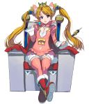  1girl :p blonde_hair boots breasts candy cape cleavage crown dress food highres legs_crossed lollipop long_hair looking_at_viewer masao navel original pink_legwear sitting solo thigh-highs throne tongue tongue_out twintails very_long_hair wand white_background 