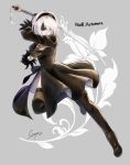  1girl black_dress black_gloves black_legwear blindfold boots breasts cleavage cleavage_cutout copyright_name dress full_body gloves hairband jumping katana kure~pu nier_(series) nier_automata short_hair side_slit silver_hair small_breasts solo sword thigh-highs thigh_boots weapon yorha_no._2_type_b yorha_unit_no._2_type_b 