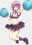  alternate_costume arm_up armpits black_legwear blush breasts cheering cheerleader choker cleavage eyebrows_visible_through_hair fate/grand_order fate_(series) flying_sweatdrops gloves hair_over_one_eye highres jumping kneehighs large_breasts looking_at_viewer michihasu midriff navel open_mouth pleated_skirt pom_poms purple_gloves shielder_(fate/grand_order) shoes short_hair simple_background skirt sneakers sweat violet_eyes 