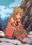  1girl barefoot between_legs blush bottomless breasts brown_eyes chikuwa_udon closed_mouth clouds day erect_nipples frown full_body fur grass hand_between_legs head_tilt medium_breasts monkey_girl original outdoors outstretched_arms pointy_ears red_bikini_top rock sitting sky solo 