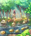  1girl bag beanie black_hair female_protagonist_(pokemon_sm) grass green_shorts handbag hat kurochiroko pikipek pokemon pokemon_(creature) pokemon_(game) pokemon_sm red_hat river rock rockruff rowlet shirt shoes short_hair shorts sneakers standing standing_on_one_leg tied_shirt tree water yungoos 