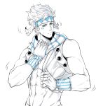  1boy abs aqua_eyes caesar_anthonio_zeppeli covered_navel cropped_vest facial_mark fingerless_gloves gloves headband highres jojo_no_kimyou_na_bouken male_focus monochrome motion_lines muscle scarf shin_(840573976) solo spot_color striped striped_scarf upper_body vest winged_hair_ornament 