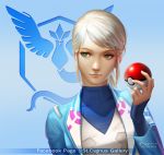  1girl bangs blanche_(pokemon) blue_jacket dated emblem eyelashes eyeliner facebook_username fingernails green_eyes hand_up highres holding holding_poke_ball jacket lips lipstick long_hair long_sleeves looking_to_the_side low_ponytail makeup nose nutthapon_petchthai open_clothes open_jacket poke_ball pokemon pokemon_go ponytail sidelocks signature silver_hair sleeves_past_wrists smile solo swept_bangs team_mystic turtleneck undershirt upper_body watermark 