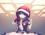  1girl :o ainy77 blue_eyes blue_hair chestnut_mouth collar doremy_sweet dress eyebrows finger_to_mouth hat index_finger_raised nightcap open_mouth pom_pom_(clothes) short_sleeves shushing solo touhou turtleneck upper_body 
