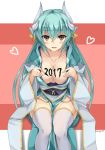  1girl 2017 aqua_hair bangs blush body_writing breasts cleavage collarbone eyebrows_visible_through_hair fate/grand_order fate_(series) hair_between_eyes heart horns japanese_clothes kimono kiyohime_(fate/grand_order) kurokage large_breasts long_hair looking_at_viewer obi open_mouth sash sitting solo thigh-highs twitter_username white_legwear wide_sleeves yellow_eyes 