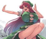  1girl blue_eyes breasts bursting_breasts cleavage green_eyes hat hong_meiling huge_breasts leg_lift long_hair obui pose redhead signature smile solo thick_thighs thighs touhou under_boob very_long_hair 