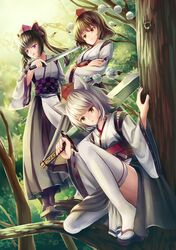  3girls alternate_eye_color animal_ears bangs black_hair bow breasts brown_eyes brown_hair brown_shoes checkered crossed_arms day error expressionless forest geta hair_bow hakama_skirt hat highres himekaidou_hatate holding holding_sword holding_weapon in_tree inubashiri_momiji japanese_clothes katana kourindou_tengu_costume long_sleeves looking_afar multiple_girls nature ookashippo orange_eyes over_shoulder parted_lips reflection ribbon ribbon-trimmed_sleeves ribbon_trim shameimaru_aya shoes short_hair side_slit silver_hair small_breasts smile squatting standing standing_on_branch sunlight sword sword_over_shoulder tengu-geta thigh-highs thighs tokin_hat tongue tongue_out touhou tree twintails violet_eyes weapon weapon_over_shoulder white_legwear wide_sleeves wolf_ears 