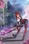  1girl armor armored_boots benghuai_xueyuan blurry blurry_background bodysuit boots breasts cable chainsaw cherry_blossoms choudan cleavage cleavage_cutout day electricity full_body gloves high_heel_boots high_heels highres holding holding_sword holding_weapon honkai_impact knee_pads large_breasts leaning_forward legs_apart mecha_musume mechanical_arm mole mole_on_breast murata_himeko neon_trim open_mouth parted_lips petals ponytail power_armor power_suit red_armor red_bodysuit redhead short_hair shoulder_armor skin_tight smile solo standing sword teeth vambraces weapon 