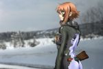  1girl anett_hosenfeld ass back blurry blurry_background blush bodysuit brown_hair depth_of_field eyebrows eyebrows_visible_through_hair eyelashes from_behind genya_(genya67) green_eyes gun highres holding lips muvluv muvluv_alternative outdoors overcast parted_lips pilot_suit rifle schwarzesmarken shiny shiny_clothes shiny_hair short_hair skin_tight sky smile snow solo standing teeth tree weapon winter 