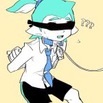  1boy ?? bike_shorts blindfold bound bound_arms collar collared_shirt commentary_request domino_mask inkling leash lowres mask nana_(raiupika) necktie shirt splatoon tentacle_hair topknot 