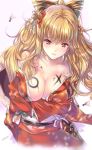  1girl artist_name bangs blonde_hair blush bodypaint bow bowtie breasts cleavage crossed_arms eyebrows_visible_through_hair granblue_fantasy hair_ornament hanetsuki japanese_clothes kimono kimono_pull large_breasts long_hair looking_at_viewer min-naraken obi open_mouth red_eyes red_kimono sash signature simple_background smile solo vira white_background 