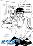  2boys araki_hirohiko_(style) bangs black_hair blunt_bangs collarbone copyright_name cowboy_shot doraemon doraemon_(character) engrish glasses greyscale jojo_no_kimyou_na_bouken jojo_pose longjunt looking_at_viewer male_focus monochrome multiple_boys nobi_nobita parody pose rimless_glasses round_glasses short_hair shorts signature smile sparkle speech_bubble spot_color stand_(jojo) text 