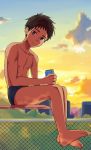  1boy barefoot board brown_eyes brown_hair can chain-link_fence diving diving_board fence lilili looking_at_viewer male_focus male_swimwear matching_hair/eyes original sitting soda_can solo swim_briefs swimwear 